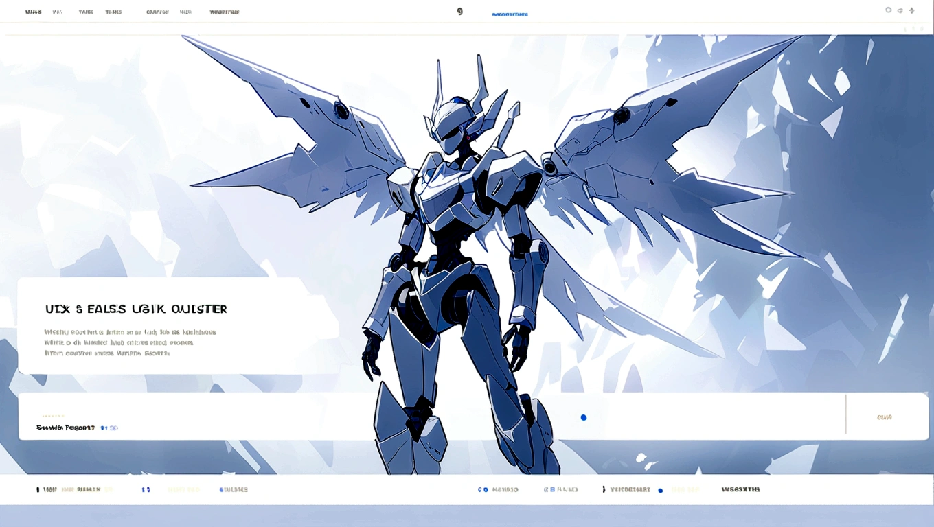 white hero page ui ux theme website, white and blue (mostly white) theme, robotic wings black and white silhouetter