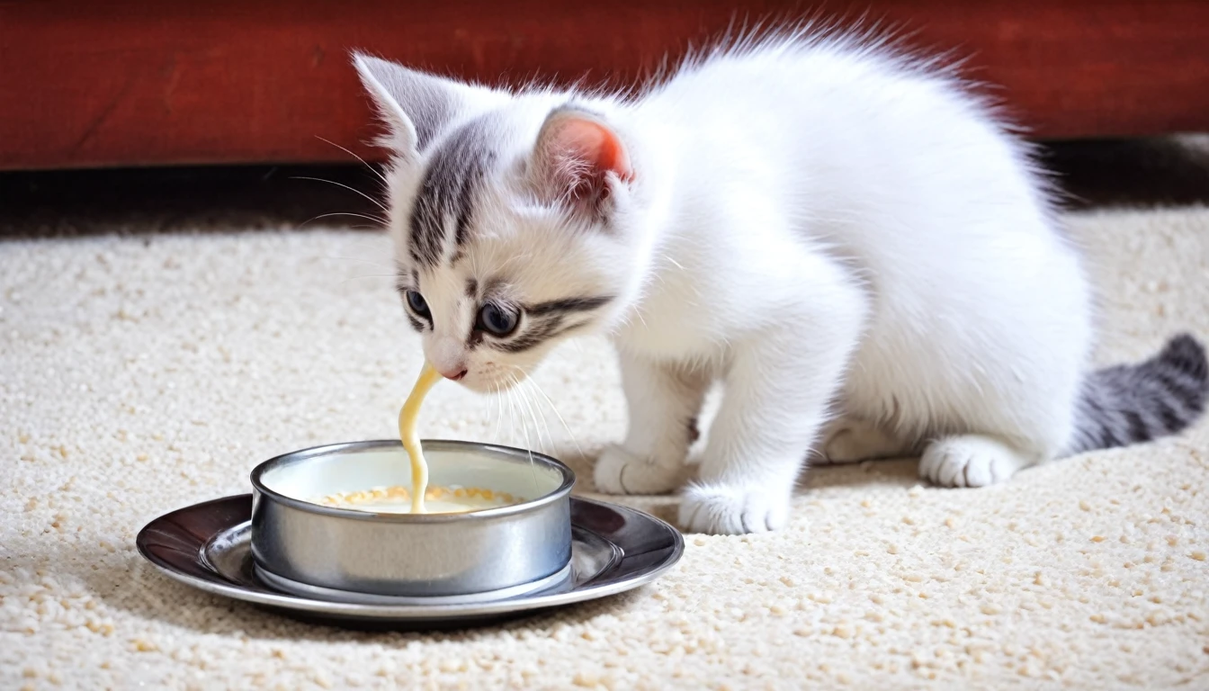 A kitten eating warm milk and cat food。Although a little wary, he eats with all his might.