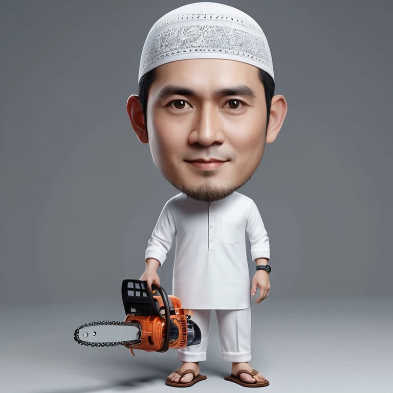 Real realistic 4D caricature photo, big head, full body, photo of a couple with Asian faces, adult male, 50 years old, thin body,clean face, clear glasses, 1wearing a black skullcap,, wearing a white Koko Muslim shirt, flannel patterned sarong, flip-flops,shoes, adult woman, 40 years old, wearing the hijab, wearing a white Muslim robe, standing in a pose facing the front while leading a goat , with the front yard of the mosque in the background.