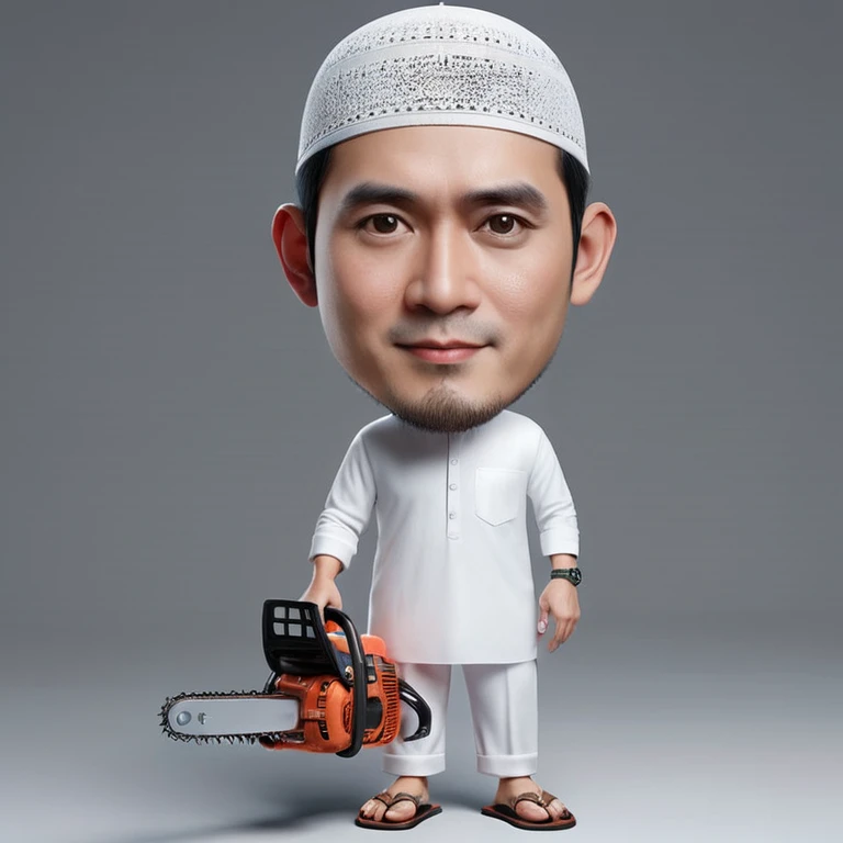 Real realistic 4D caricature photo, big head, full body, photo of a couple with Asian faces, adult male, 50 years old, thin body,clean face, clear glasses, 1wearing a black skullcap,, wearing a white Koko Muslim shirt, flannel patterned sarong, flip-flops,shoes, adult woman, 40 years old, wearing the hijab, wearing a white Muslim robe, standing in a pose facing the front while leading a goat , with the front yard of the mosque in the background.