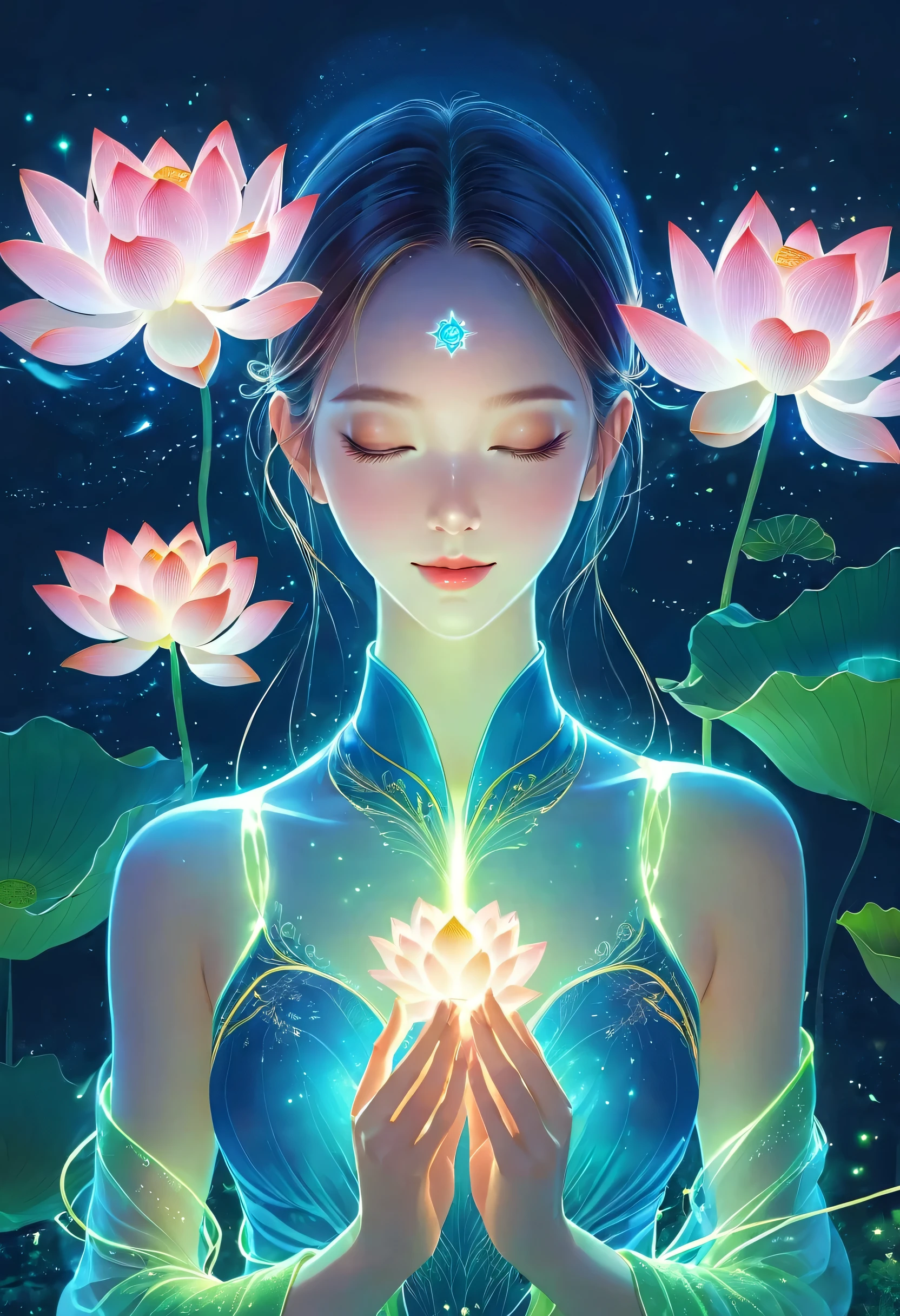 (masterpiece, best quality:1.2), Digital Art Style, Charming illustrations,Peace Pictures，1 girl, beautiful eyes，Hands together，Tall lotus，Solitary，Body Glow，Glowing Line，Fluorescence,Glow Example，Sample trace，flash，萤Light Particles，Backlight，translucent，Light Particles，Correct human anatomy，