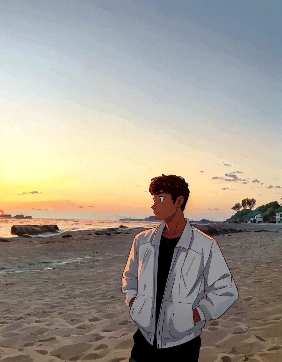 arafed man standing on a beach with a sunset in the background, with sunset, with a sunset, at beach at sunset, at a beautiful sunset, on the beach during sunset, during sunset, during golden hour, in the sunset, standing at the beach, at the beach on a sunset, sunset in background, standing on the beach at sunset