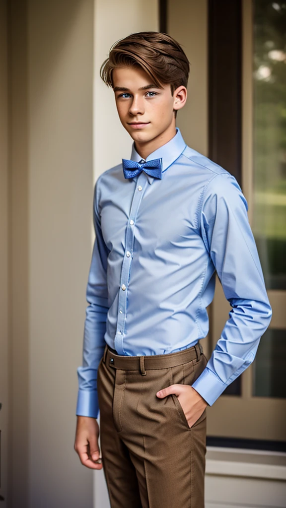 19 year old male wearing bow tie and button up
Physical Description: Brown colored hair and skinny build. 5"5 and 150 LB. Blue eyes.
.