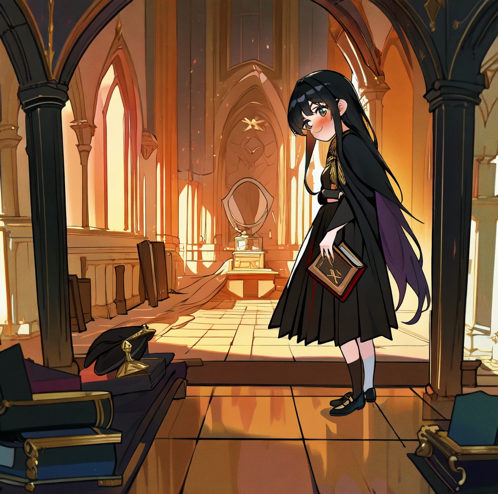 (ultra-detailed, best quality, anatomically perfect body), (small breast:1.3), shiny skin, (2 girls), (very cute:1.2), (castle room), (standing infront of each other:1.3), clean interior, (standing), ( gryffindor uniform, gryffindor emblem, black robe), (various long skirt:1.4), (flats, long hairstyle), various bag, leaning forward, (nose blush:1.1), (happy:1.3), (holding book), (smug), (looking at each other), (full body:1.1), from side, (worm's eye view from floor:1.2), (very Bright:1.2),