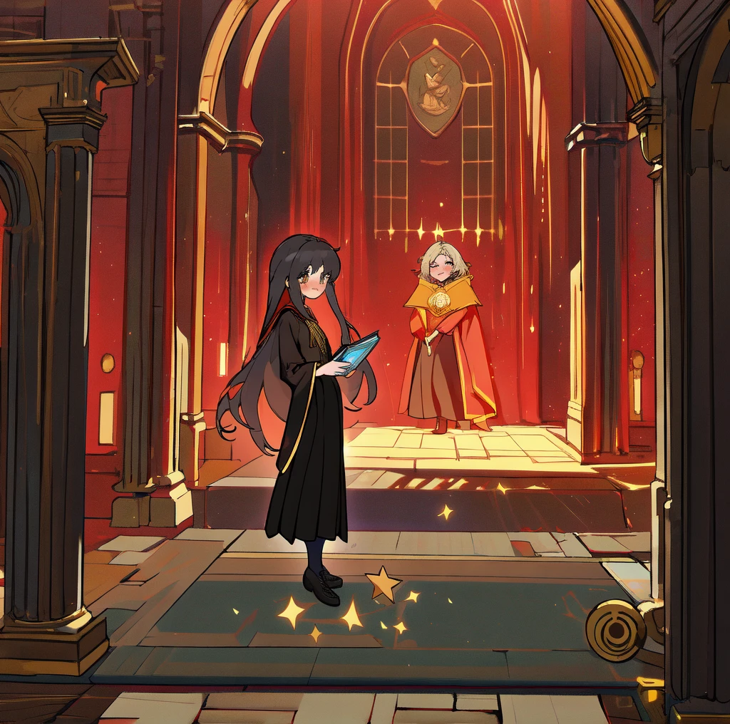 (ultra-detailed, best quality, anatomically perfect body), (small breast:1.3), shiny skin, (2 girls), (very cute:1.2), (castle room), (standing infront of each other:1.3), clean interior, (standing), ( gryffindor uniform, gryffindor emblem, black robe), (various long skirt:1.4), (flats, long hairstyle), various bag, leaning forward, (nose blush:1.1), (happy:1.3), (holding book), (smug), (looking at each other), (full body:1.1), from side, (worm's eye view from floor:1.2), (very Bright:1.2),