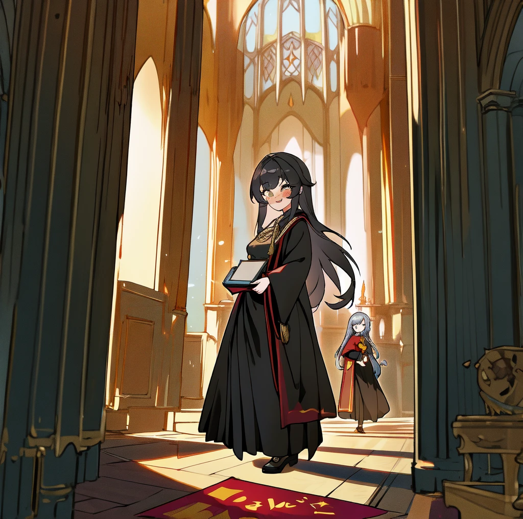 (ultra-detailed, best quality, anatomically perfect body), (small breast:1.3), shiny skin, (2 girls), (very cute:1.2), (castle room), (standing infront of each other:1.3), clean interior, (standing), ( gryffindor uniform, gryffindor emblem, black robe), (various long skirt:1.4), (flats, long hairstyle), various bag, leaning forward, (nose blush:1.1), (happy:1.3), (holding book), (smug), (looking at each other), (full body:1.1), from side, (worm's eye view from floor:1.2), (very Bright:1.2),