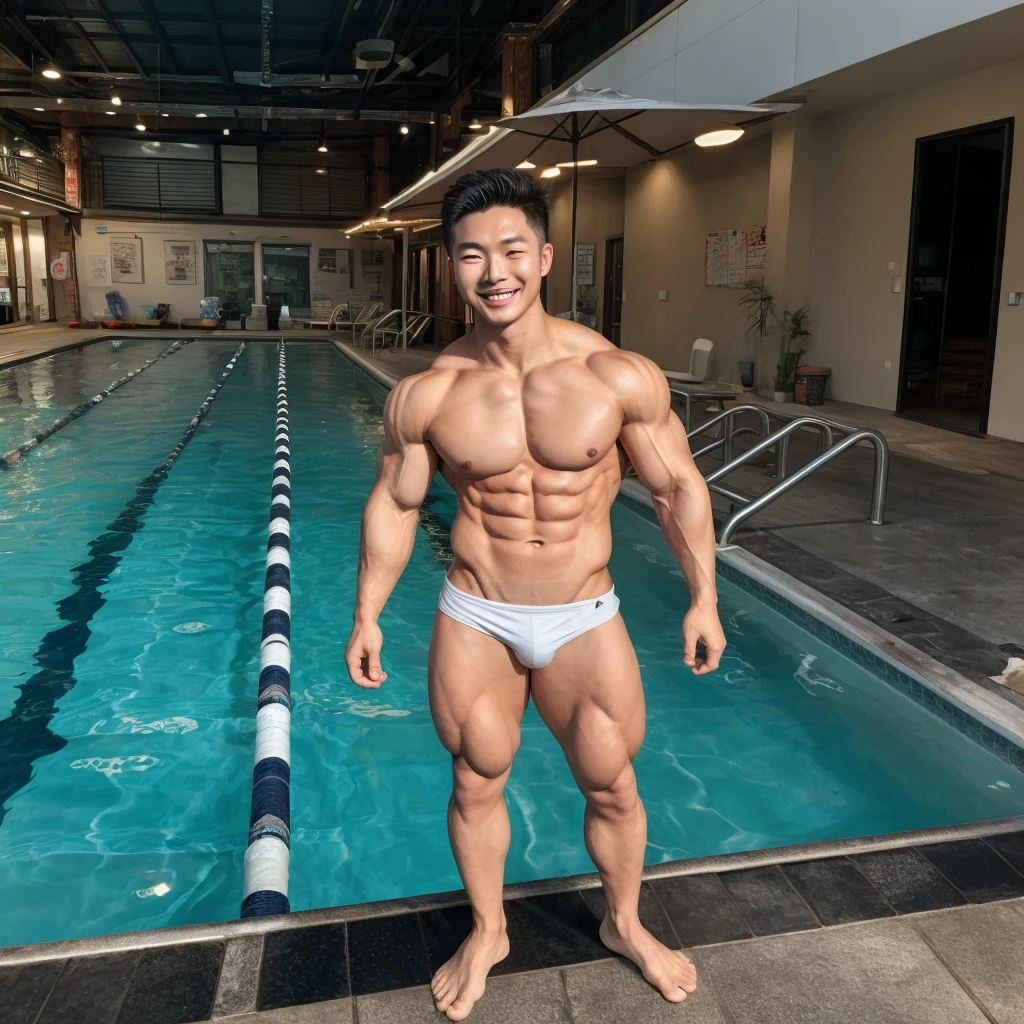 25-year-old, hyper muscular , Korean American Asian, six pack, realistic, happy 