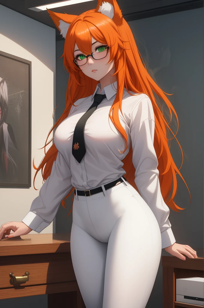 (masterpiece, Best quality), 8K, ultra detailed, realistic photo, Detailed face, perfect lighting, green eyes, bright orange hair, bright hair, fox ears, nice legs, side photo, beautiful, Cute, skin pores, 1 girl, perfect shirt, fully dressed, beautiful women 30 years old, Beautiful proportions, Russian woman, Caucasian, European, Business lady, stunningly beautiful woman, mother, thick legs, show ass, big breasts, (Thin white shirt:1.4), thick, hot, (White Office Wear:1.4), tight pants, (wide hips:1.2), thick, (white Office pants:1.3), spread your legs, Legs open, full length, wide hips, Glasses, with long orange hair, standing on the beach near the ocean, green eyes detailed digital anime art, cat ear, anime girl with long hair, гладкое аниме cg art, anime girl with long hair, digital anime art, work in Guweiz style, Beautiful anime portrait, Photorealistic render of an anime girl, pantyhose, Beautiful anime girl, advanced digital anime art, guweiz на artstation pixiv HD UHD HQ