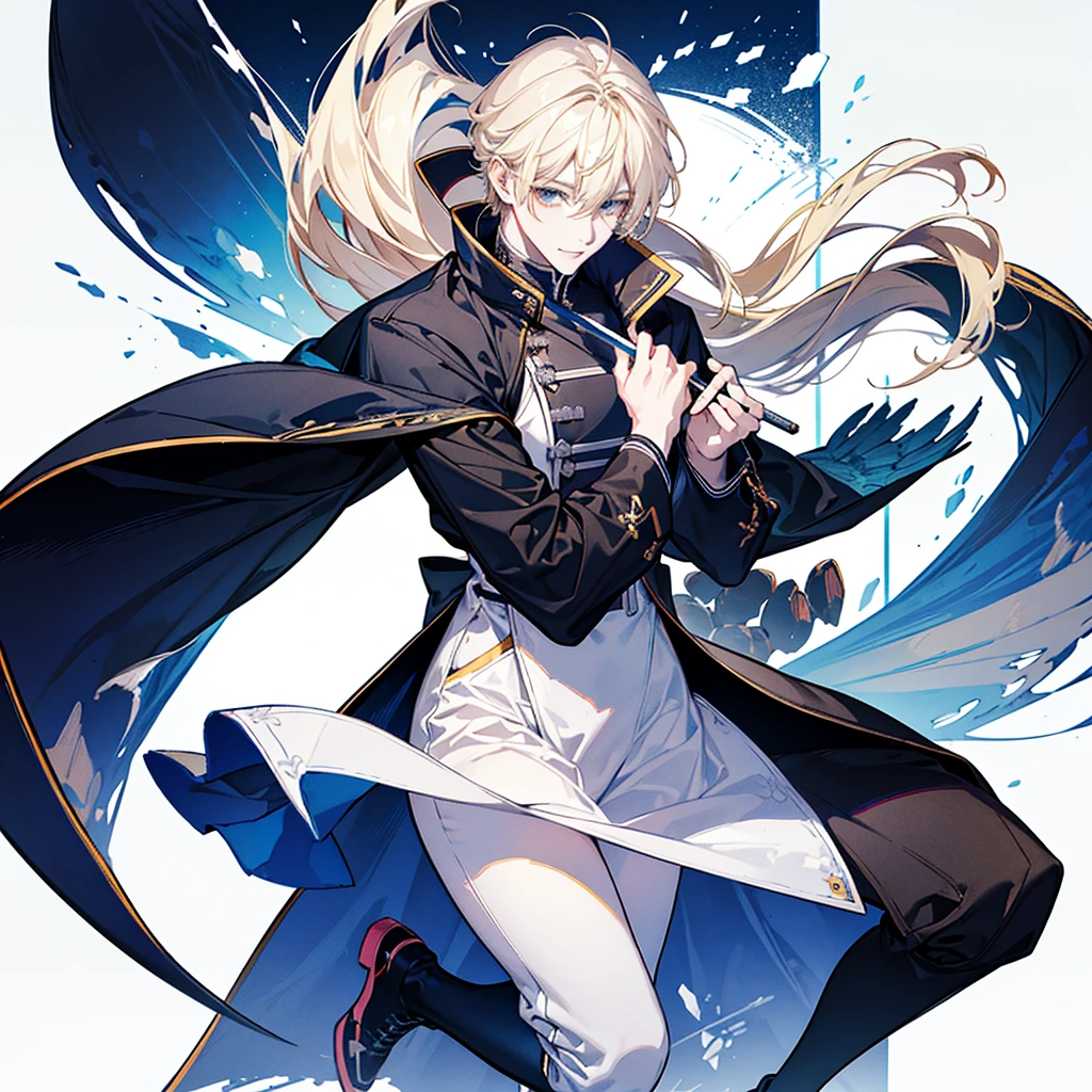 A full-body illustration of a handsome man looking at you and smiling。boots,visual kei,onii kei、Delicate Drawing、Blonde、acrylic、Thick Coating、Color Sketch、in the style of bold line,White background。A suitable background --s 70