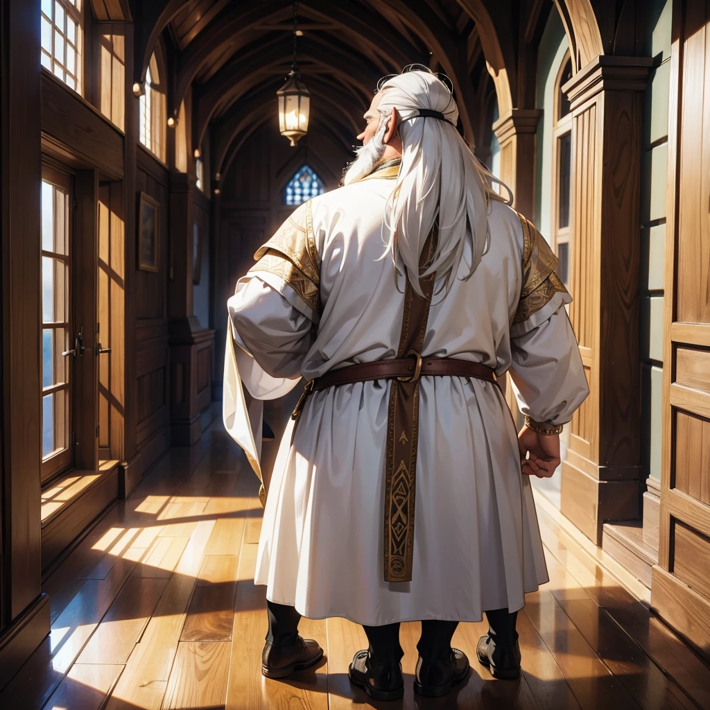 back view old dwarf with white beard in medieval outfit on the hall