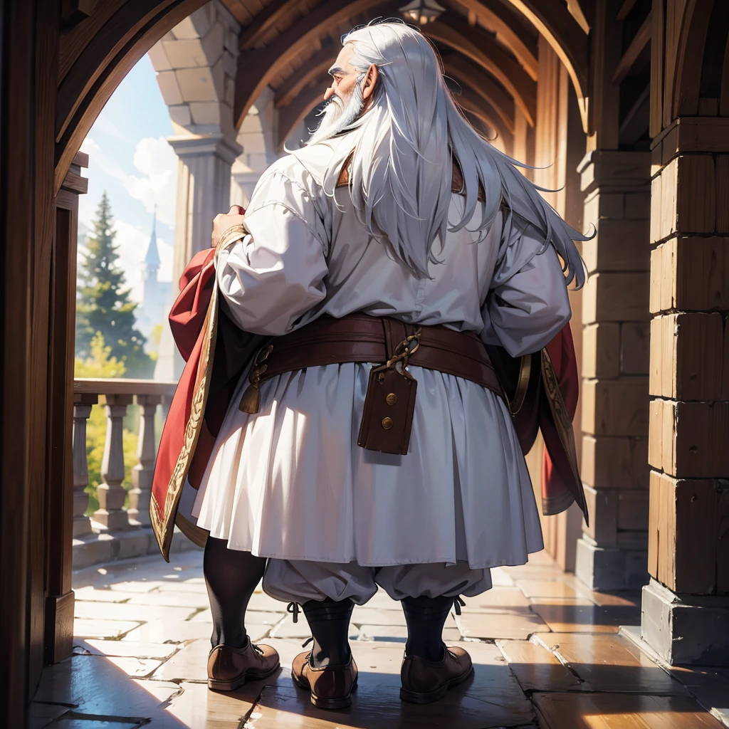 back view old dwarf with white beard in medieval outfit on the hall
