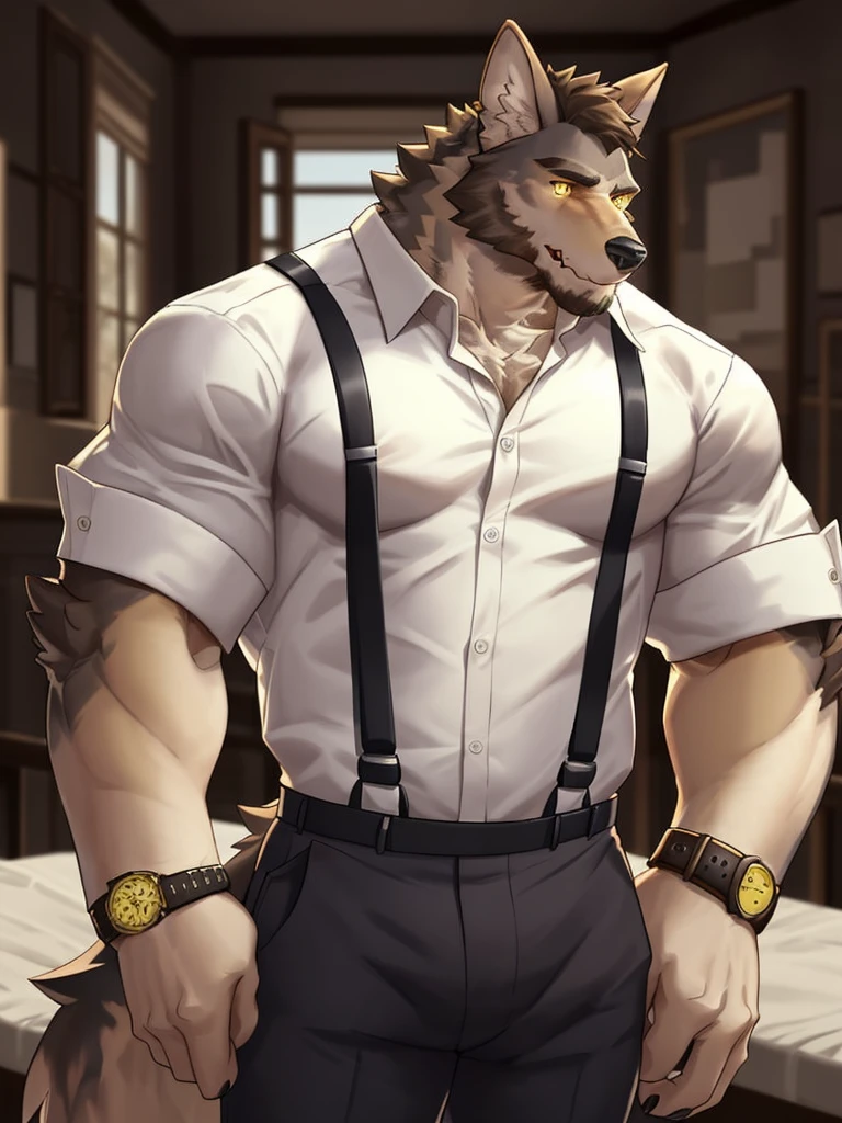 william adler, solo, shirt, 1boy, white shirt, upper body, male focus, collared shirt, pants, looking to the side, suspenders, pectorals, sleeves rolled up, watch, wristwatch, wolf ears, beard, yellow eyes, detailed eyes