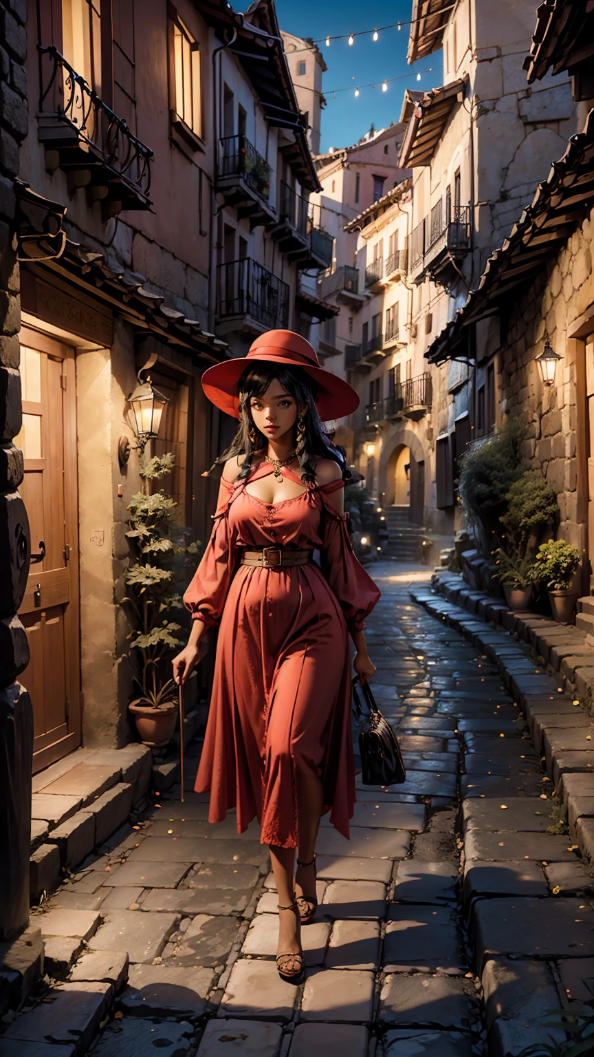a woman wearing a red hat walking down a street, beautiful city black woman only, tlaquepaque, ancient city streets behind her, spain, spanish alleyway, narrow streets, alone gorgeous latin woman, narrow and winding cozy streets, photo of slim girl, spanish, narrow street, city of armenia quindio, red hat, trending on interfacelift