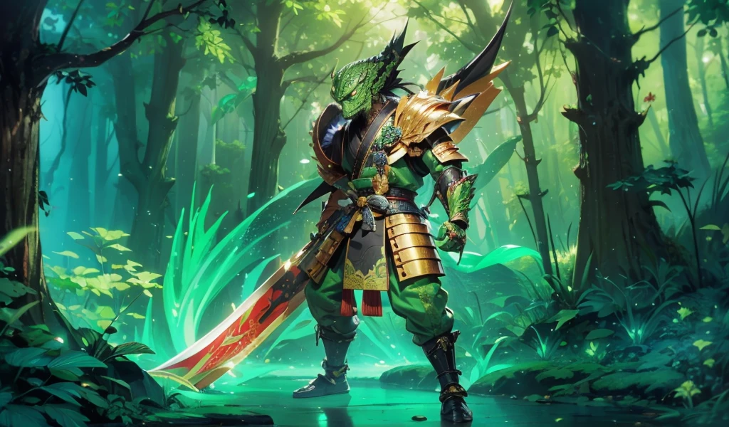 whole body,Green Lizard Man,Green Skin,Scale covering,Golden samurai armor,Japanese Samurai Style,Alligator head,Black long beard,Black long eyebrows