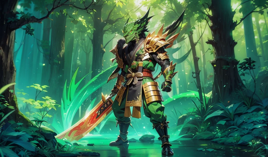 whole body,Green Lizard Man,Green Skin,Scale covering,Golden samurai armor,Japanese Samurai Style,Alligator head,Black long beard,Black long eyebrows