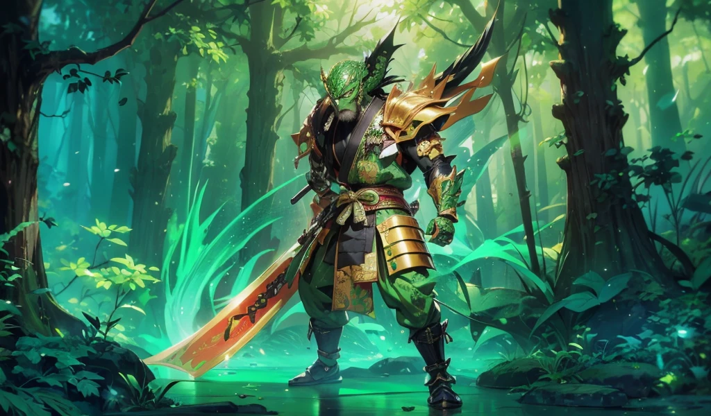 whole body,Green Lizard Man,Green Skin,Scale covering,Golden samurai armor,Japanese Samurai Style,Alligator head,Black long beard,Black long eyebrows