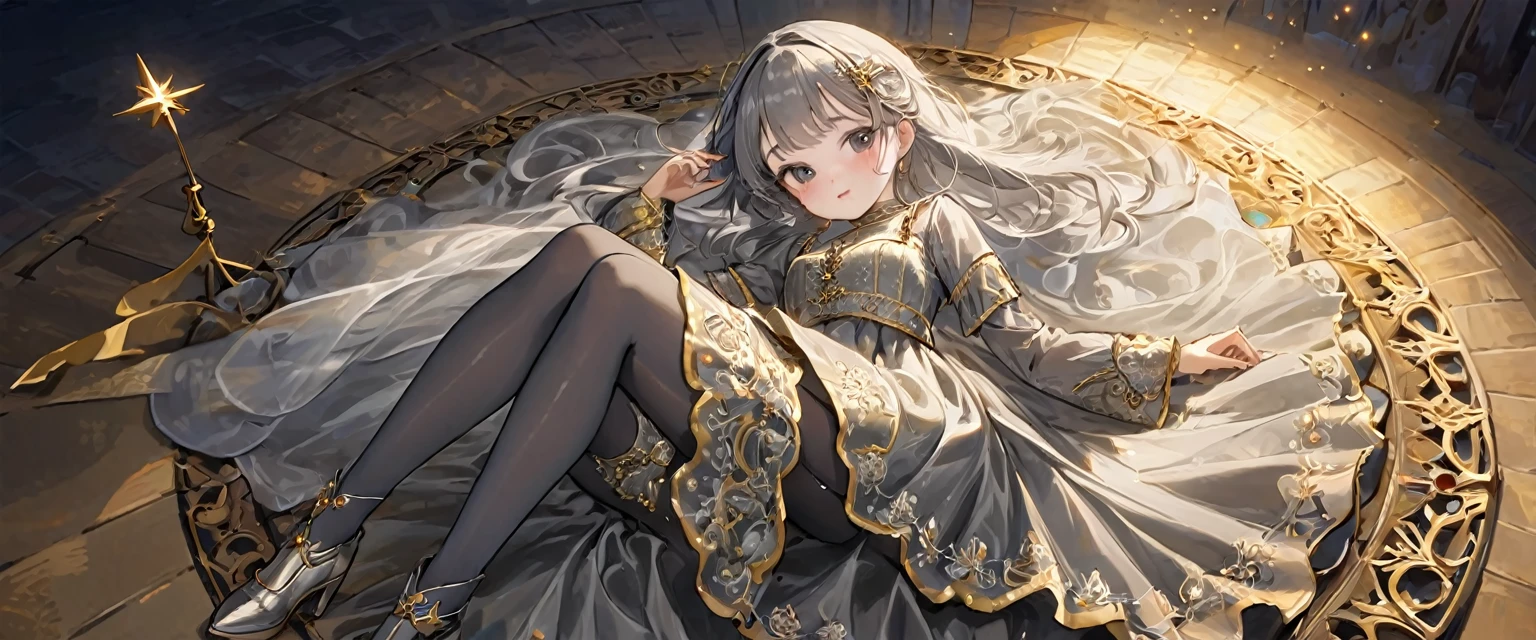 girl, Gold and silver embroidery, Platinum and pearl medieval long dress(With panniers), Translucent fabric, Pull up the dress by hand, Strong winds, Translucent slip, Grey translucent tights, 8歳のgirl, Gold and silver embroidery, medieval mini dress(With panniers), Translucent fabric, Pull up your skirt, Strong winds, Translucent slip, Grey translucent tights, Peeking from below, Highest quality, Disorder of clothing, Lying down, underwear, Show off your thighs, night, Skirt lining