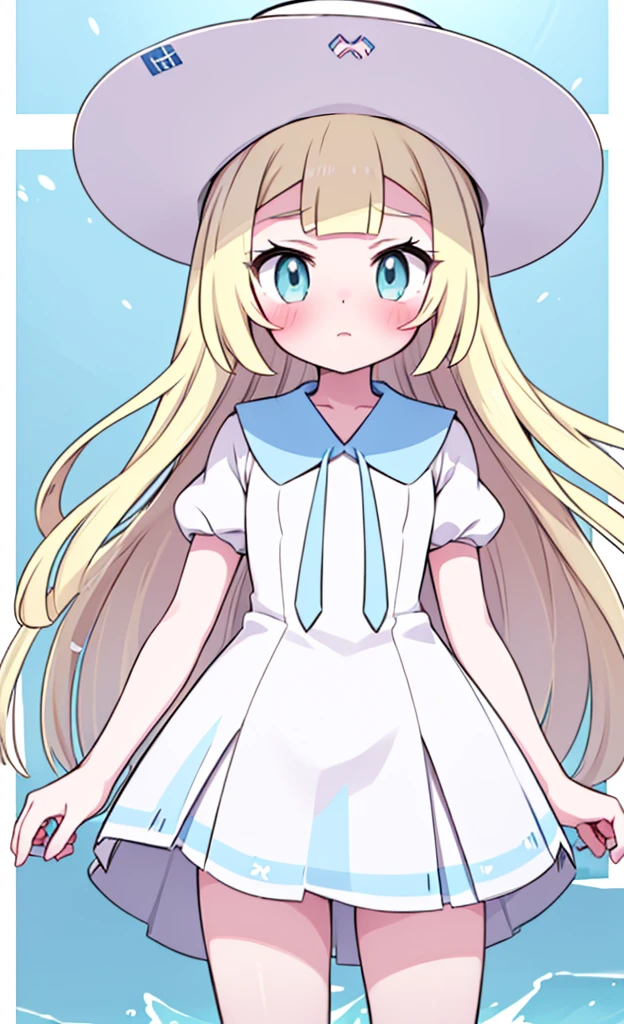 masterpiece,best quality,1 girl,solo,blush with embarrassment,Lillie,Pokémon,White Pleated Dresses,White clothes with light blue collar,Pokémon風の画風,(boldline:1.6),(deluster:1.5),(flat:1.5),White wide-brimmed hat with light blue ribbon ,loli, body,beach