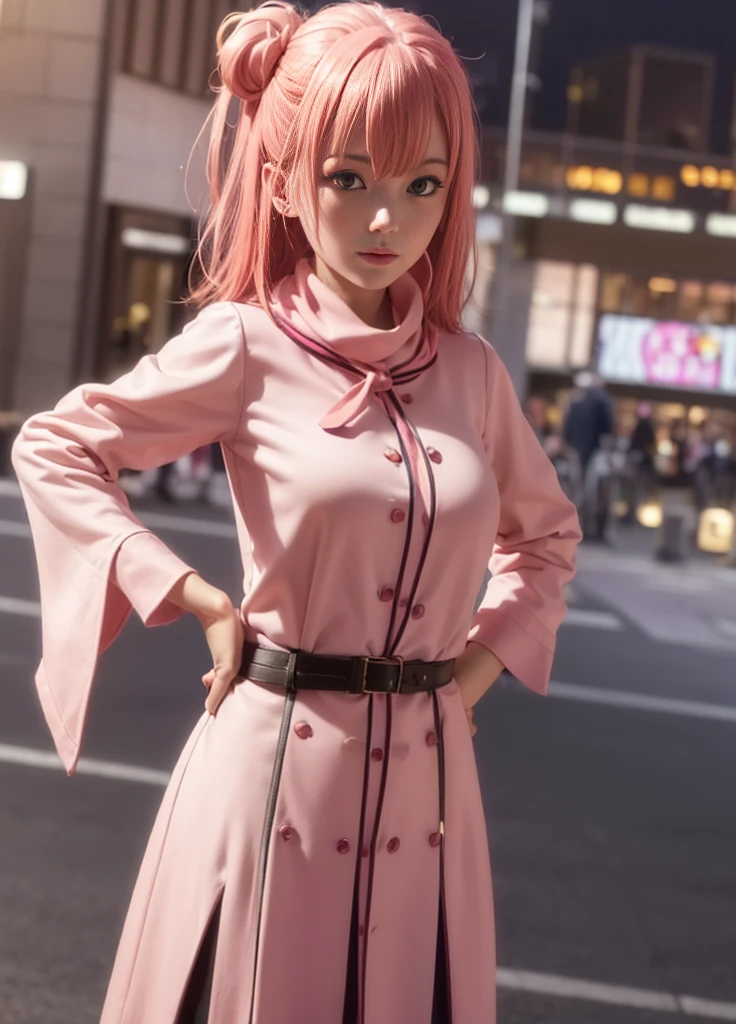 yuiyuigahama, yui yuigahama, Long Hair, (Pink Eyes:1.5), (Pink Hair:1.2), Hair Bun, single Hair Bun,blush, smile, (Big Breasts:1.2),Red scarf,Pink long coat Open the button,White sweater,Short Band,Black knee-high socks,short boots,evening,sunset,
break outdoors,city,Building Street,
break looking at viewer,Peeking from above, (Cowboy Shot:1.5),
break (masterpiece:1.2), Highest quality, High resolution, unity 8k wallpaper, (shape:0.8), (Beautiful and beautiful eyes:1.6), Highly detailed face, Perfect lighting, Extremely detailed CG, (Perfect hands, Perfect ???????),