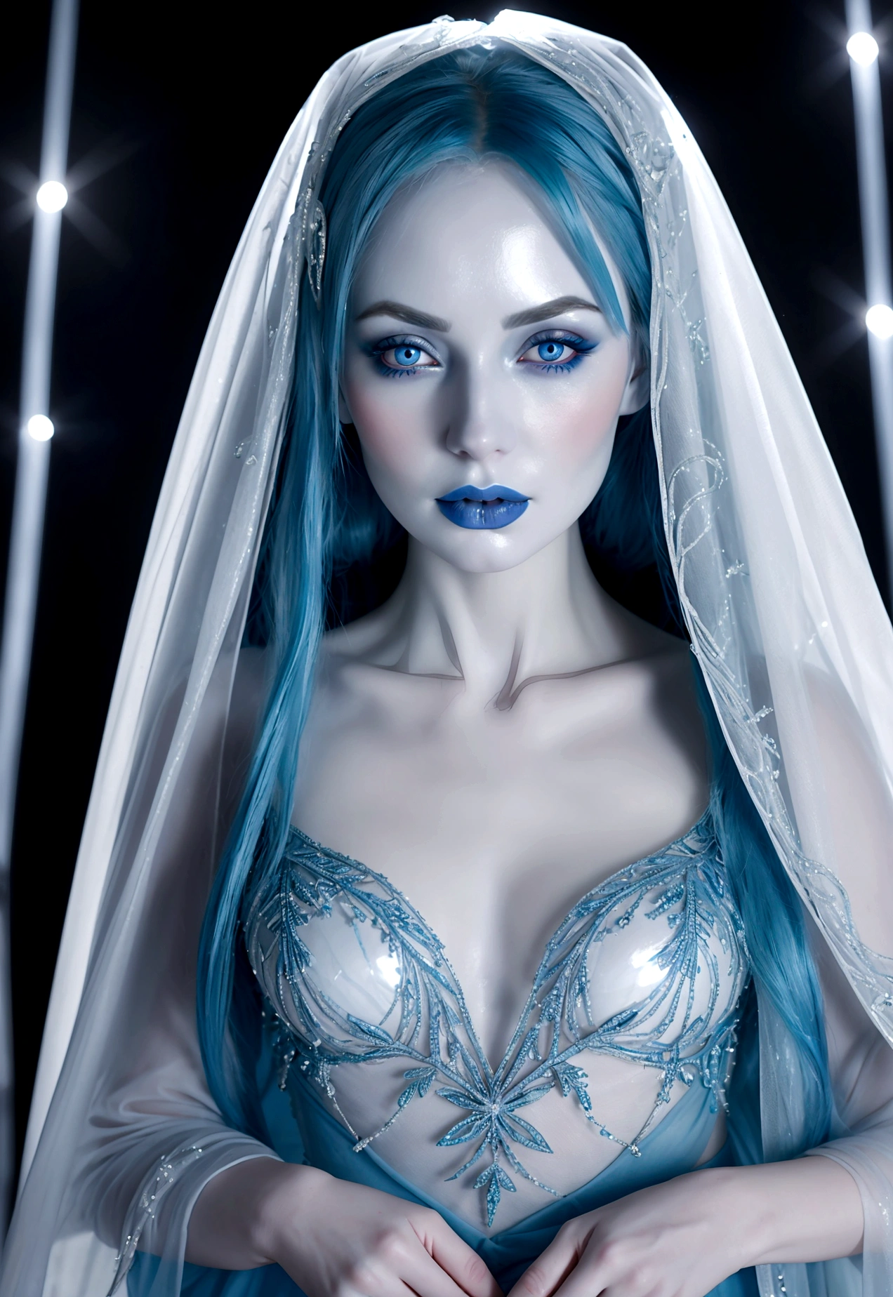 A ice elf (lovely woman, pale blue skin, deep blue hair and eyes, sheer reflective evening dress) acting alluring in a winter wonder land
