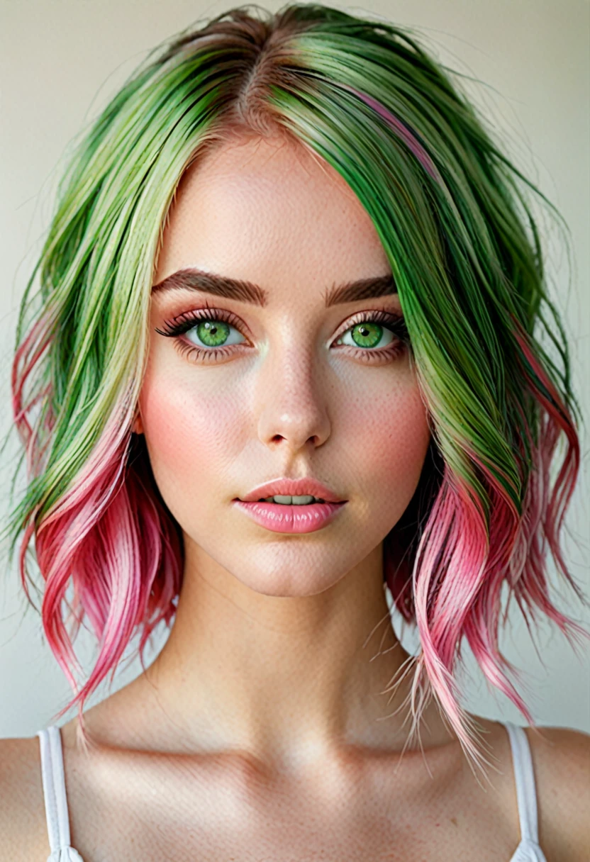 girl, beautiful green eyes, clear skin, soft makeup, streaked green/pink hair, realistic soft skin, tight body, photorealistic. ,realistic