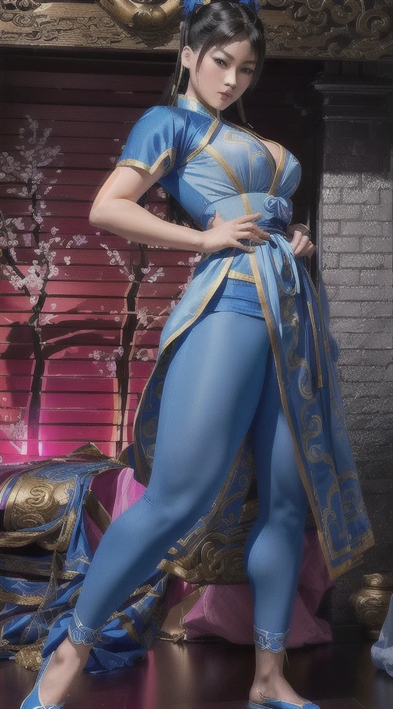 a close up of a woman in a blue outfit posing, portrait of chun - li, chun li, chun-li, chun - li, portrait of chun li, inspired by Leng Mei, as a character in tekken, full body xianxia, fighting game character, character from king of fighters, dead or alive 6, fighter pose, inspired by Pu Hua