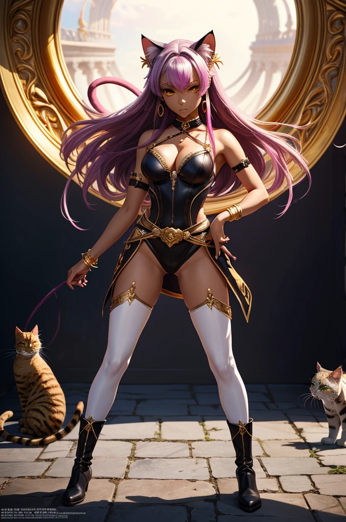There is lost coliseum there stand female lionessin battle stance, she have ebony colour skin beautiful yellow cat eyes dark gold eyeshadows make up, ring style earrings, her hair is purple with pink highlights . she dressed in white neather topic with golden parts on countures also short and white leather straps on her cat legs instead of boots, her hands have hude ruby claws on her fingers, (ultra high quality fantasy art, anime fantasy style, masterpiece, ultra high quality character design, 8k quality anime art, realistic anime art, top quality wallpaper illustration, detailed ultra high quality accurate face, high quality design and accurate physic)