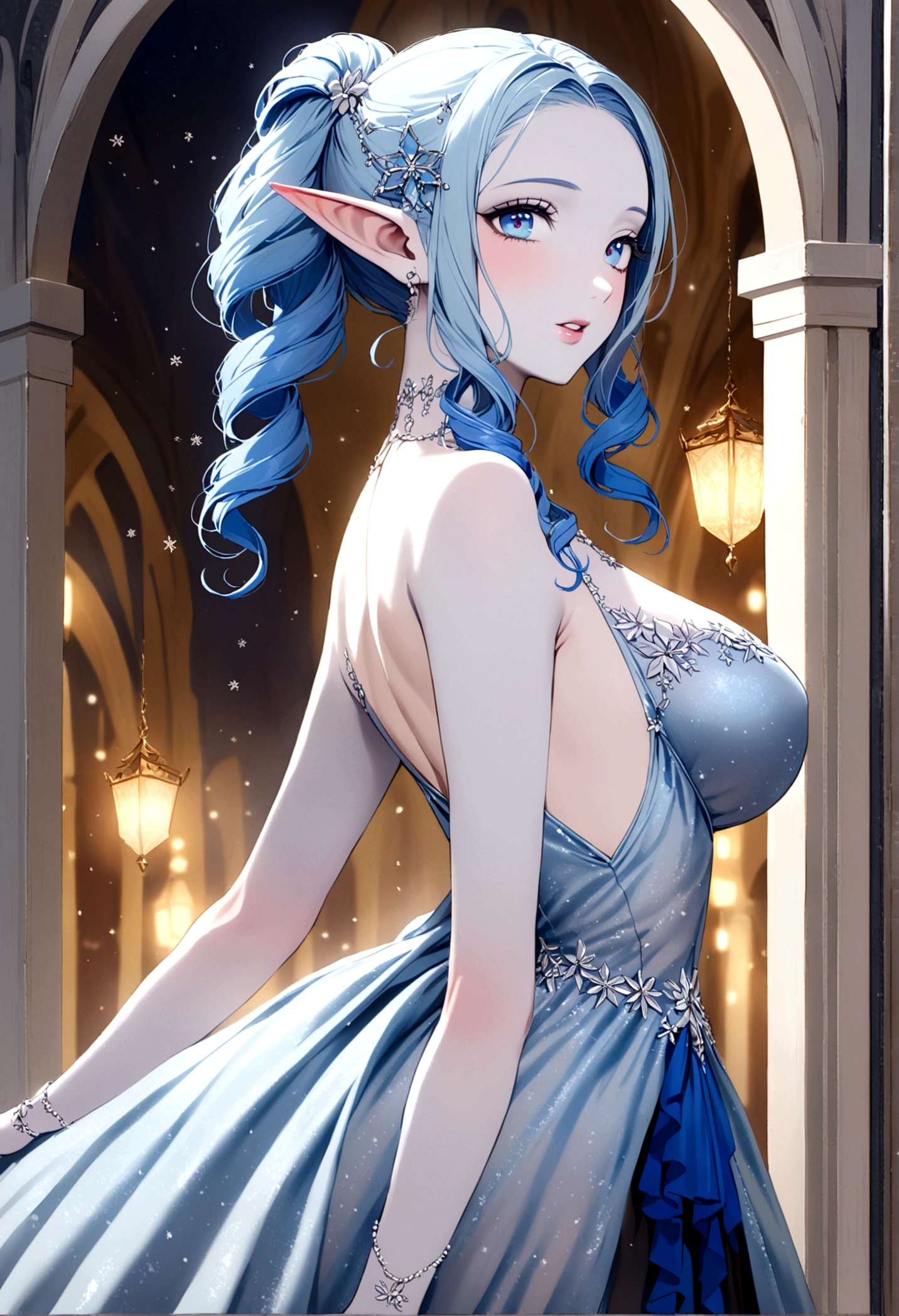 A ice elf (lovely woman, pale blue skin, deep blue hair and eyes, sheer reflective evening dress) acting alluring in a winter wonder land