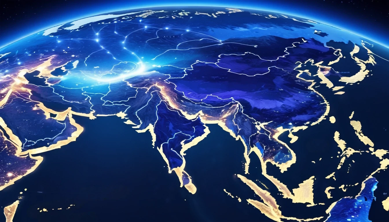 Close up of map of Asia，There are a lot of lights on it, Blue Earth Background, Detailed photos of the virtual world, describe, connect, 8K 4K, 8400, 4K 8K, 4,000-8,000, neon virtual networks, author：Kurt Roesch, fiber optic network, shutter, Beautiful high resolution, photography, network，No text