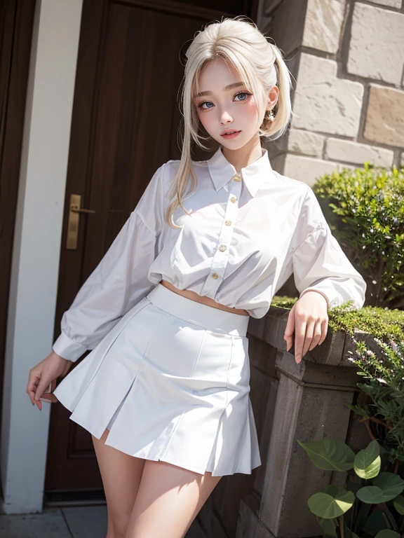 ((half a white lab coat on the outside), shirt, pleated skirt, white pants with the skirt pulled up, (black pantyhose), [: (face detail: 1.2): 0.2], raw photo, (highest quality), high resolution, (realistic, photorealistic: 1.2), ultra high definition, physically based rendering, one girl, air bang, long hair, (silver) hair), wavy hair,