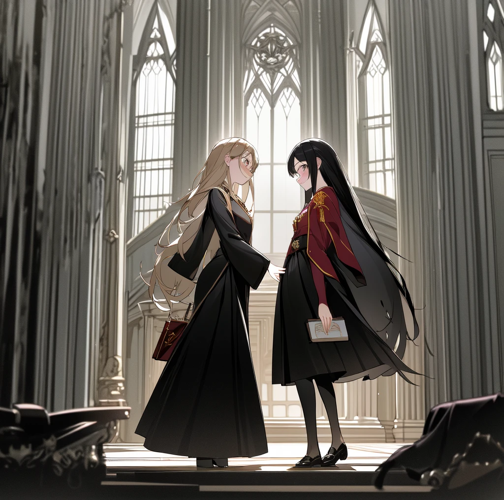 (ultra-detailed, best quality, anatomically perfect body), (small breast:1.3), shiny skin, (2 girls), (very cute:1.2), (castle room), (standing infront of each other:1.3), clean interior, (standing), ( gryffindor uniform, gryffindor emblem, black robe), (various long skirt:1.4), (flats, long hairstyle), various bag, leaning forward, (nose blush:1.1), (happy:1.3), (holding book), (smug), (looking at each other), (full body:1.1), from side, (worm's eye view from floor:1.2), (very Bright:1.2),