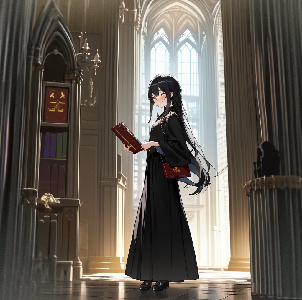 (ultra-detailed, best quality, anatomically perfect body), (small breast:1.3), shiny skin, (2 girls), (very cute:1.2), (castle room), (standing infront of each other:1.3), clean interior, (standing), ( gryffindor uniform, gryffindor emblem, black robe), (various long skirt:1.4), (flats, long hairstyle), various bag, leaning forward, (nose blush:1.1), (happy:1.3), (holding book), (smug), (looking at each other), (full body:1.1), from side, (worm's eye view from floor:1.2), (very Bright:1.2),