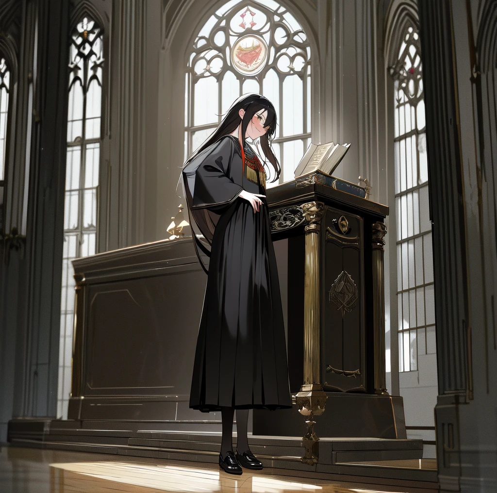 (ultra-detailed, best quality, anatomically perfect body), (small breast:1.3), shiny skin, (2 girls), (very cute:1.2), (castle room), (standing infront of each other:1.3), clean interior, (standing), ( gryffindor uniform, gryffindor emblem, black robe), (various long skirt:1.4), (flats, long hairstyle), various bag, leaning forward, (nose blush:1.1), (happy:1.3), (holding book), (smug), (looking at each other), (full body:1.1), from side, (worm's eye view from floor:1.2), (very Bright:1.2),