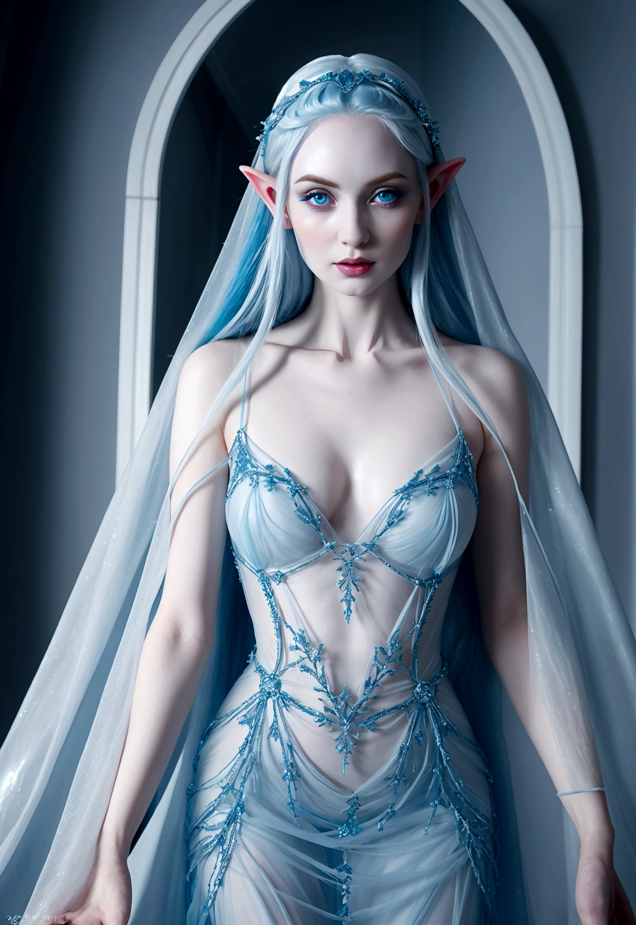 A ice elf (lovely woman, pale blue skin, deep blue hair and eyes, sheer reflective evening dress) acting alluring in a winter wonder land