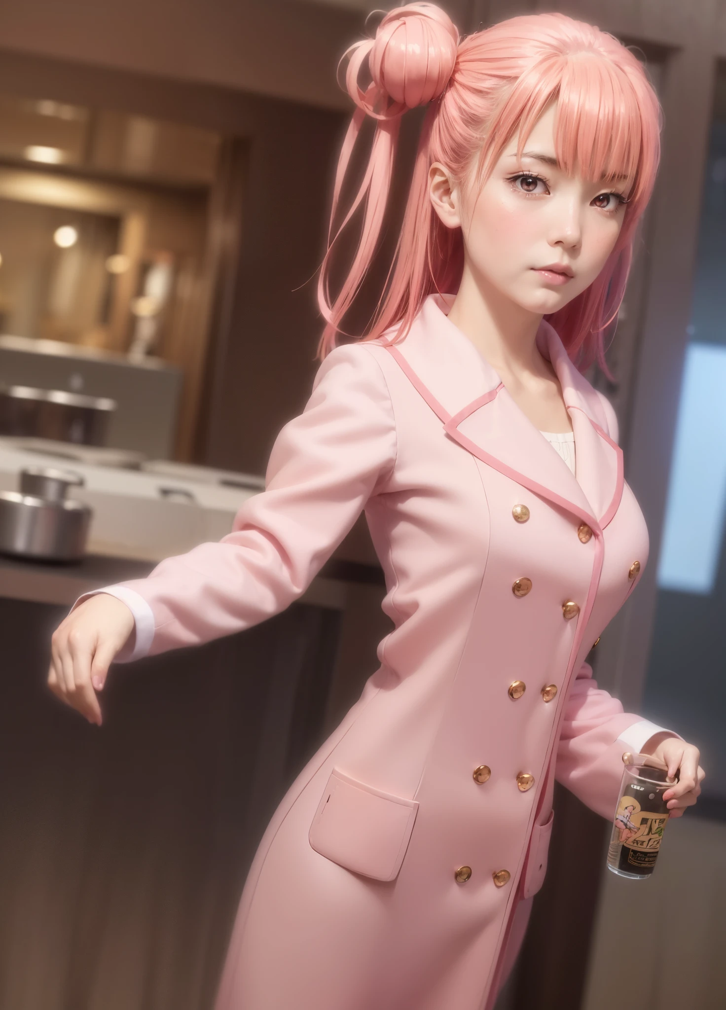 yuiyuigahama, yui yuigahama, Long Hair, (Pink Eyes:1.5), (Pink Hair:1.2), Hair Bun, single Hair Bun,blush, smile, (Big Breasts:1.2),Red scarf,Pink long coat Open the button,White sweater,Short Band,Black knee-high socks,short boots,evening,sunset,
break outdoors,city,Building Street,
break looking at viewer,Peeking from above, (Cowboy Shot:1.5),
break (masterpiece:1.2), Highest quality, High resolution, unity 8k wallpaper, (shape:0.8), (Beautiful and beautiful eyes:1.6), Highly detailed face, Perfect lighting, Extremely detailed CG, (Perfect hands, Perfect Anatomy),