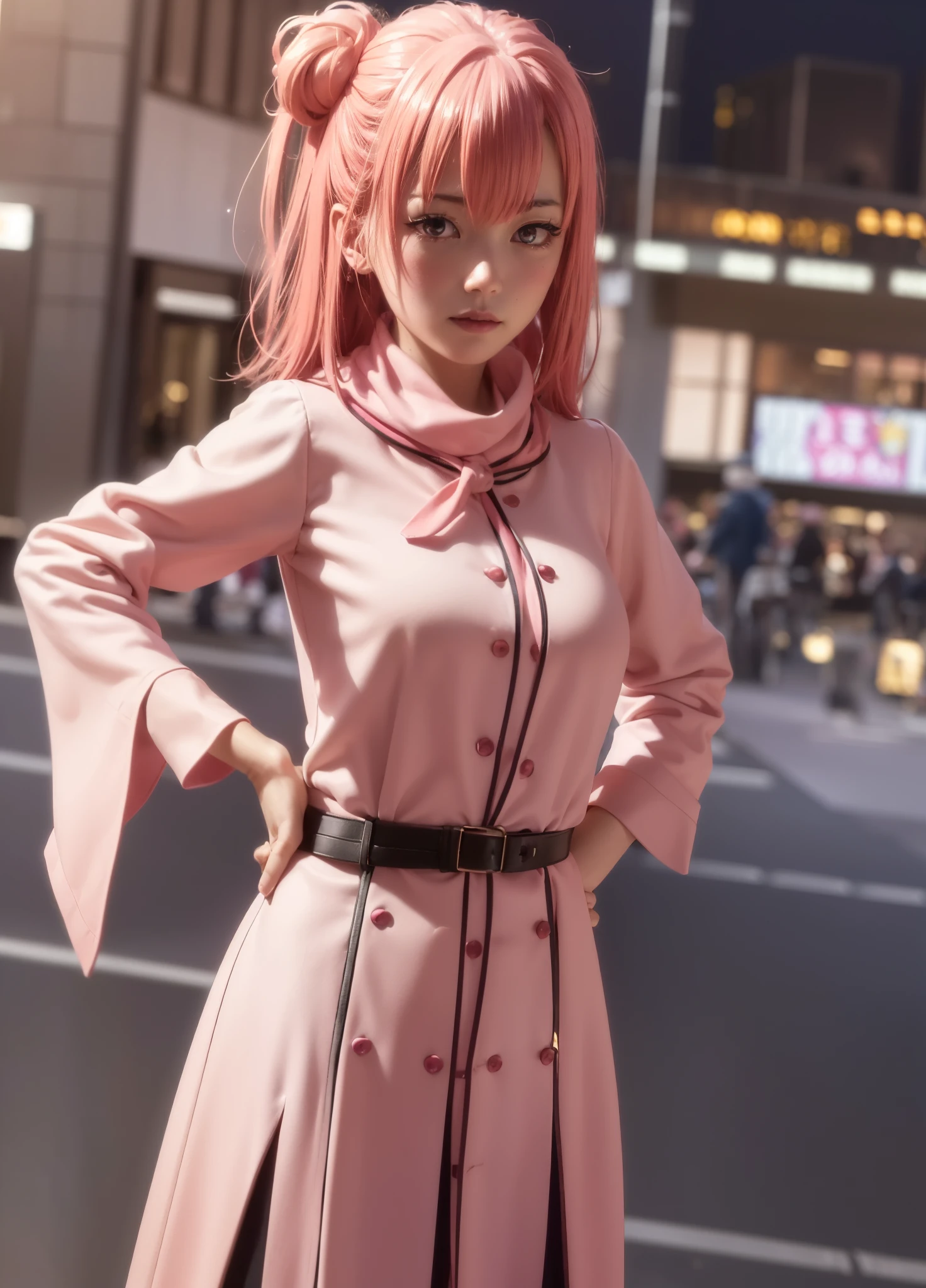 yuiyuigahama, yui yuigahama, Long Hair, (Pink Eyes:1.5), (Pink Hair:1.2), Hair Bun, single Hair Bun,blush, smile, (Big Breasts:1.2),Red scarf,Pink long coat Open the button,White sweater,Short Band,Black knee-high socks,short boots,evening,sunset,
break outdoors,city,Building Street,
break looking at viewer,Peeking from above, (Cowboy Shot:1.5),
break (masterpiece:1.2), Highest quality, High resolution, unity 8k wallpaper, (shape:0.8), (Beautiful and beautiful eyes:1.6), Highly detailed face, Perfect lighting, Extremely detailed CG, (Perfect hands, Perfect Anatomy),