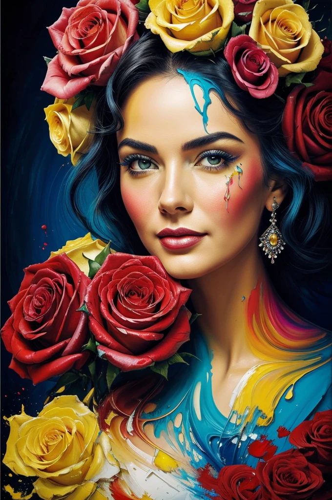 Nathalie Portmann, 25 ans, seductive look, sourire romantique, fine, brune, yeux verts, masterclass, 8K, UHD, HD, High quality, sexy, bodypainting, dans un atelier de peinture, tableaux, peinture partout sur le mur, motif de fleurs sur la peau, topless, bodypainting, motif de tableau de la renaissance, impressionnisme, tableau renaissance peint sur le corps