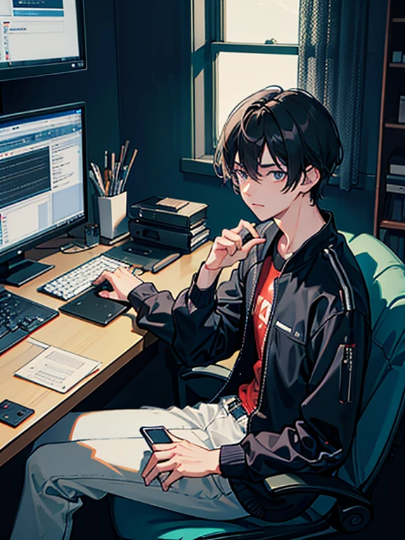 black haired man , Sitting in front of a modern computer and doing programming. , in a dark room , Game creation theme