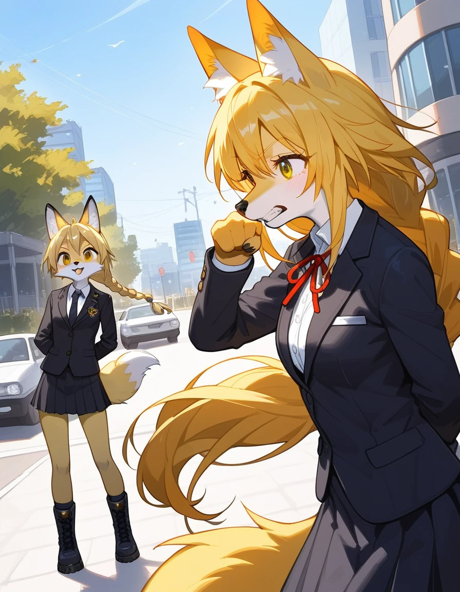 , score_9,score_8_up,score_7_up, source_furry, An anthro furry fox girl, yellow furry fox girl, yellow eyes, yellow fox ears, blonde hair, long braided hair, snout, black nose, wearing black blazer, white button up shirt. Black skirt, black combat boots, hands behind her back, coy pose, outdoors, on a school campus, standing, grinning, canine teeth