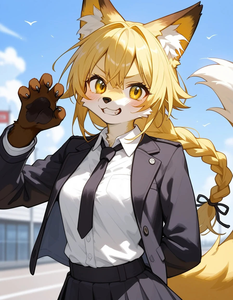 , score_9,score_8_up,score_7_up, source_furry, An anthro furry fox girl, yellow furry fox girl, yellow eyes, yellow fox ears, blonde hair, long braided hair, snout, black nose, wearing black blazer, white button up shirt. Black skirt, black combat boots, hands behind her back, coy pose, outdoors, on a school campus, standing, grinning, canine teeth 