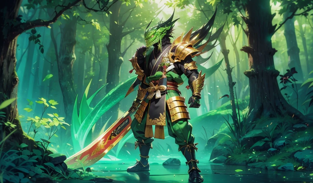 whole body,Green Lizard Man,Green Skin,Scale covering,Golden samurai armor,Japanese Samurai Style,Alligator head,Black long beard,Black long eyebrows