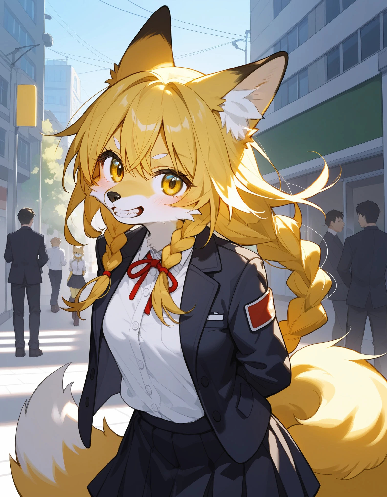 , score_9,score_8_up,score_7_up, source_furry, An anthro furry fox girl, yellow furry fox girl, yellow eyes, yellow fox ears, blonde hair, long braided hair, snout, black nose, wearing black blazer, white button up shirt. Black skirt, black combat boots, hands behind her back, coy pose, outdoors, on a school campus, standing, grinning, canine teeth 