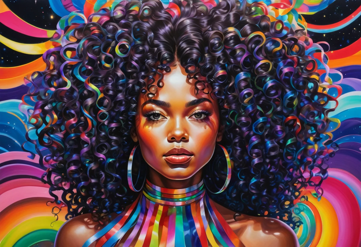 Painting of a woman with curly hair and colorful ribbons, Colorful, Colorfuls, Colorful art, Painting by Android Jones, Afrofuturism, Black Art, Her face framed by curls, Curly Afro, Psychedelic flowing hair, Curls and curves, 2 0 2 1 Award-winning works, 2021 Award-Winning Works, Color drips, Afropsychedelia
