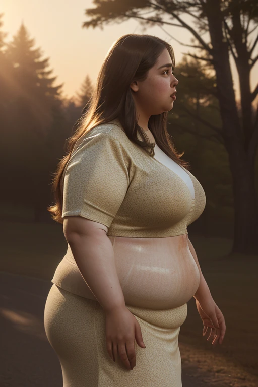 a slender young female, visible abs, full length shot, right profile, (severely obese:1.5), highly detailed, photorealistic, 8K, realistic lighting, cinematic composition, dramatic pose, piercing eyes, natural skin texture, dramatic shadows, warm golden hour lighting, realistic skin pores and imperfections, detailed clothing folds and wrinkles