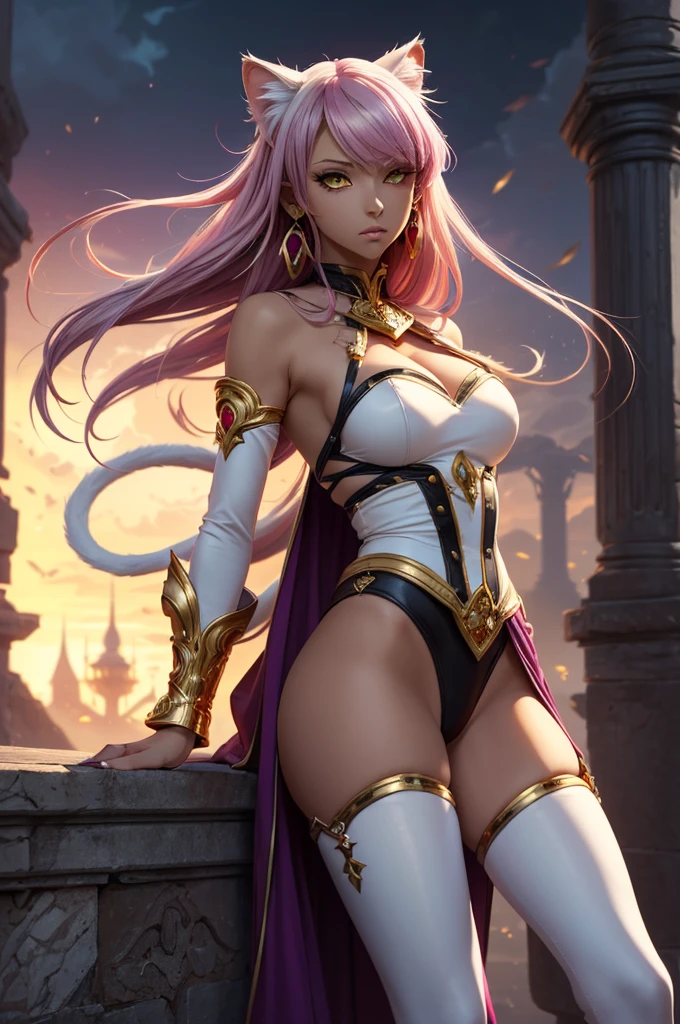 There is lost coliseum there stand female lionessin battle stance, she have ebony colour skin beautiful yellow cat eyes dark gold eyeshadows make up, ring style earrings, her hair is purple with pink highlights . she dressed in white neather topic with golden parts on countures also short and white leather straps on her cat legs instead of boots, her hands have hude ruby claws on her fingers, (ultra high quality fantasy art, anime fantasy style, masterpiece, ultra high quality character design, 8k quality anime art, realistic anime art, top quality wallpaper illustration, detailed ultra high quality accurate face, high quality design and accurate physic)