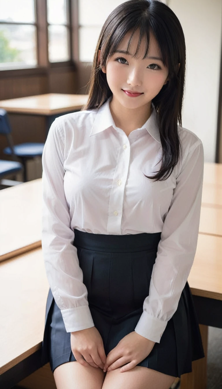 Japanese women, cute, ************ Close, (Natural light:2)
(school uniform,white shirt),black hair,black eyes,
(Thin curtains, classroom:0.5),big breast,leaning forward,cleavege,light smile,breast focus