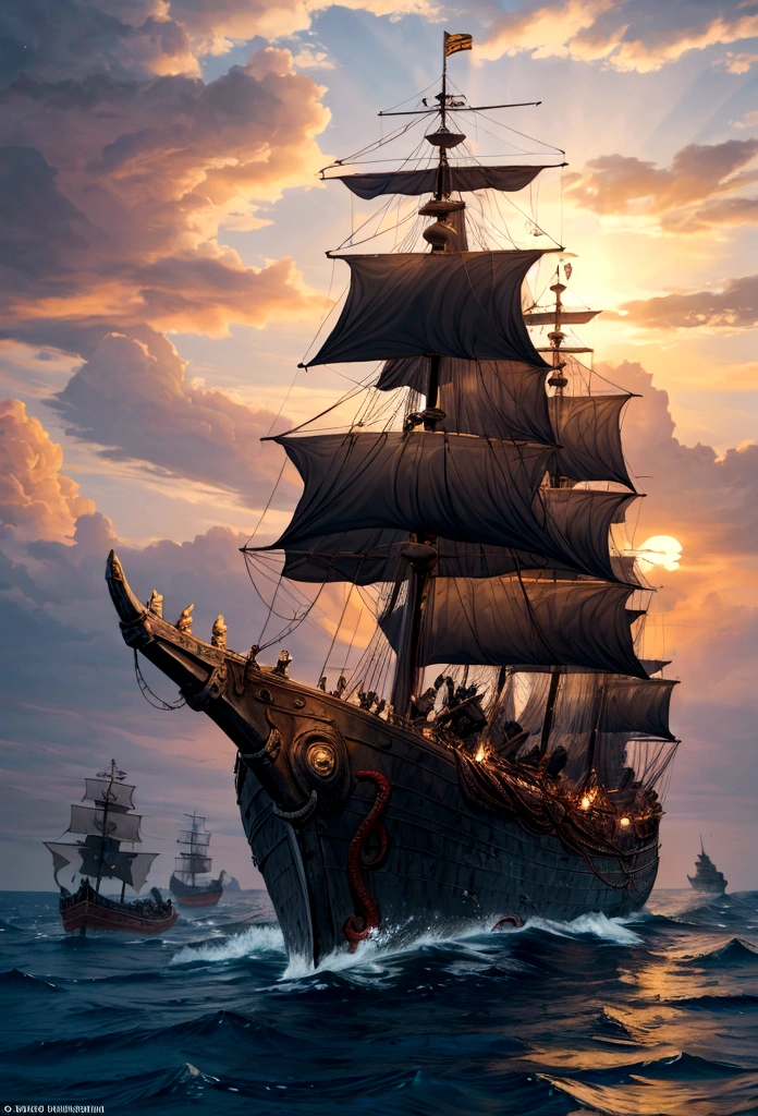 Araped boat with people on the sea with dragon's head, an epic Viking battle scene, 장대한 sea fight, arcane style Viking battleship, sea fight, Vikings, Crusader Kings 3, Viking, Viking boat, cg art, Writer : Harold von Schmidt, In the epic Ouroboros, Writer: Jóhannes Sveinsson Kjarval