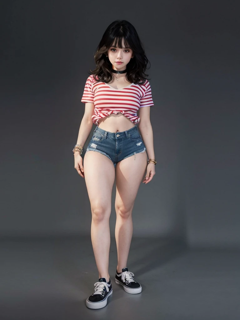 girl sexy realistic, fringe hair realistic, face sweet realistic wearing realistic t-shirt, realistic shorts denim, realistic ankle white socks, realistic vans shoes uses choker and bracelets realistic details.