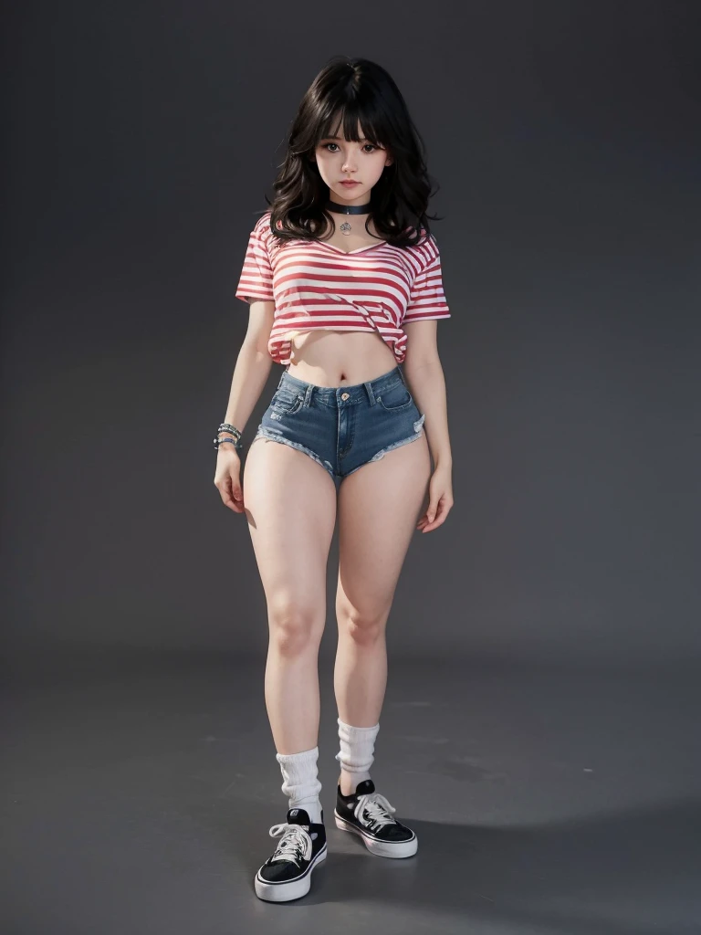  girl sexy realistic, fringe hair realistic, face sweet realistic wearing realistic t-shirt, realistic shorts denim, realistic ankle white socks, realistic vans shoes uses choker and bracelets realistic details.