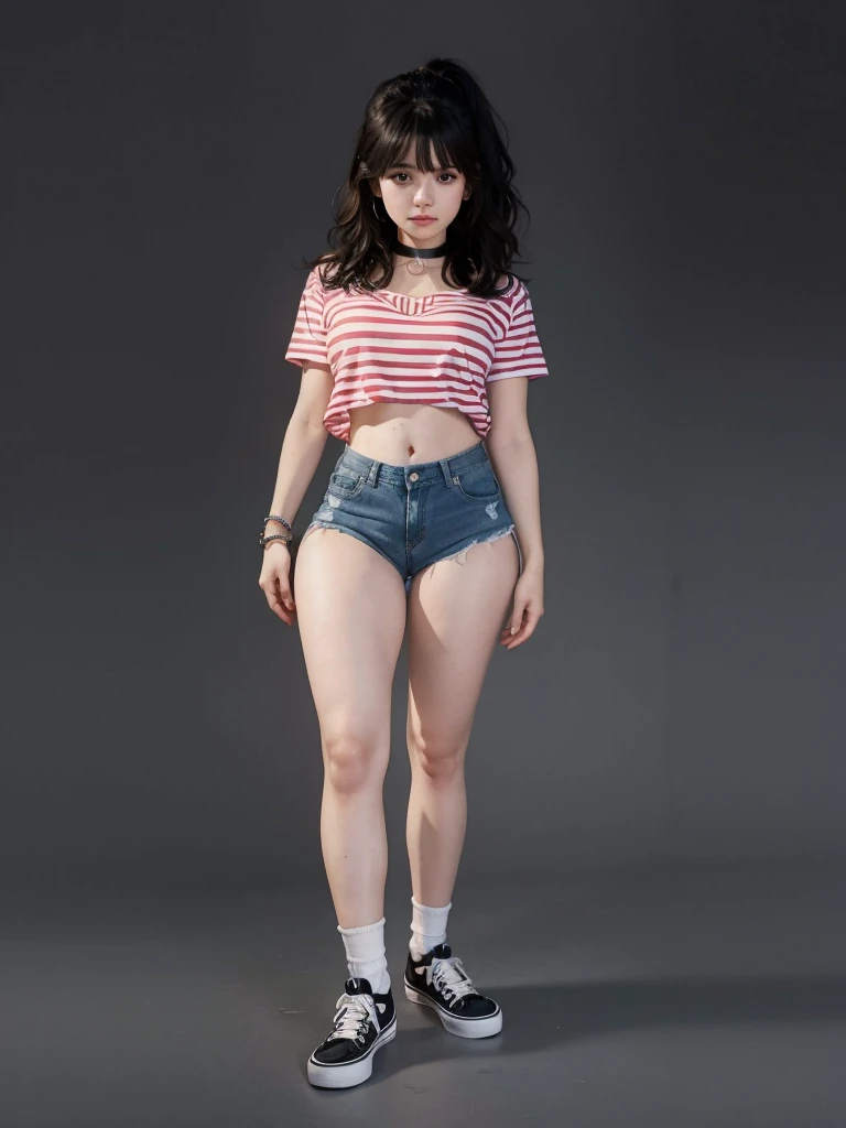 girl sexy realistic, fringe hair realistic, face sweet realistic wearing realistic t-shirt, realistic shorts denim, realistic ankle white socks, realistic vans shoes uses choker and bracelets realistic details.